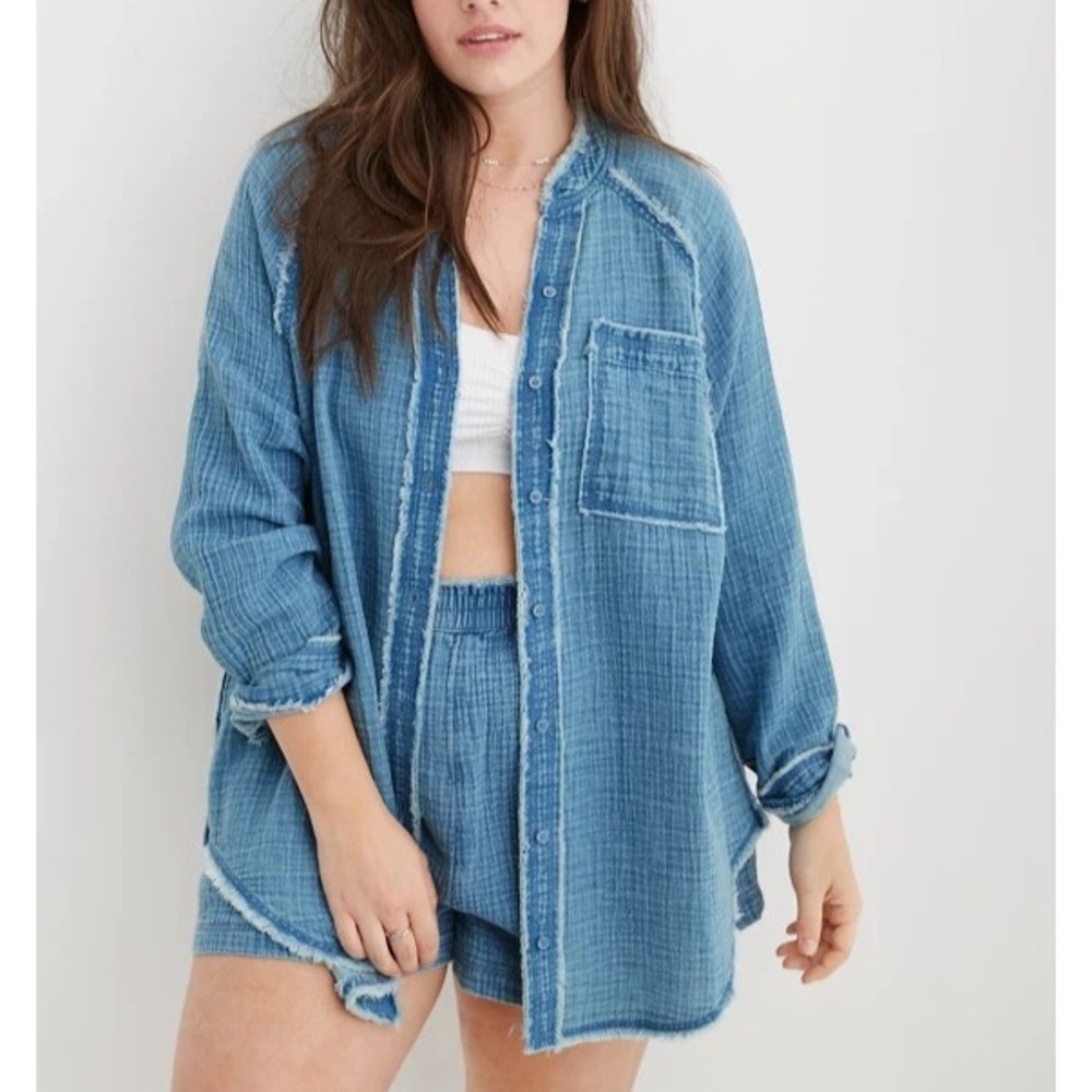 Aerie Oversized Y2K Gauze Cotton Long Sleeve Button Up Shirt Blue M A011400